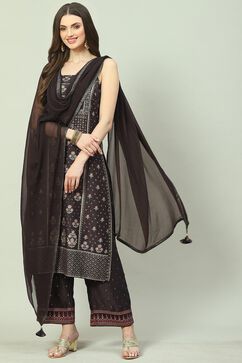 Choco Brown Viscose Blend Straight Printed Kurta Suit Set image number 6