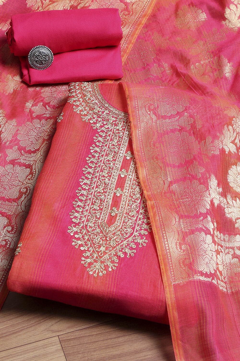 Pink Chanderi Machine Embroidered Unstitched Suit Set image number 0