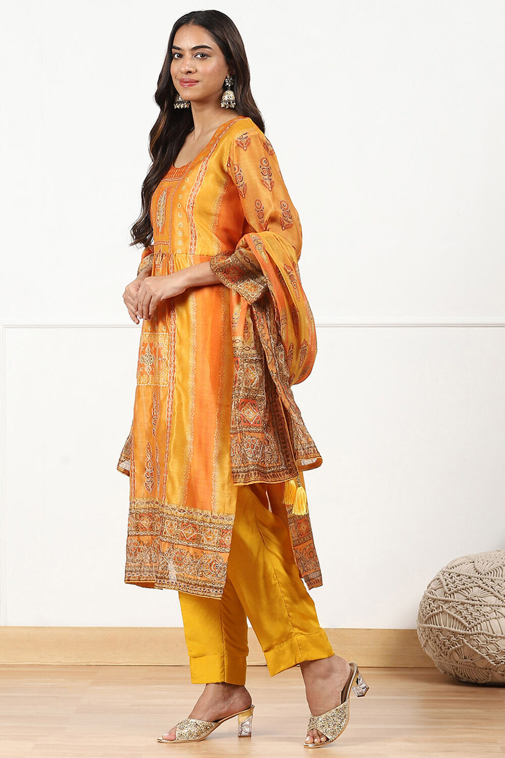 Mustard Yellow Chanderi Printed Unstitched Suit Set image number 5