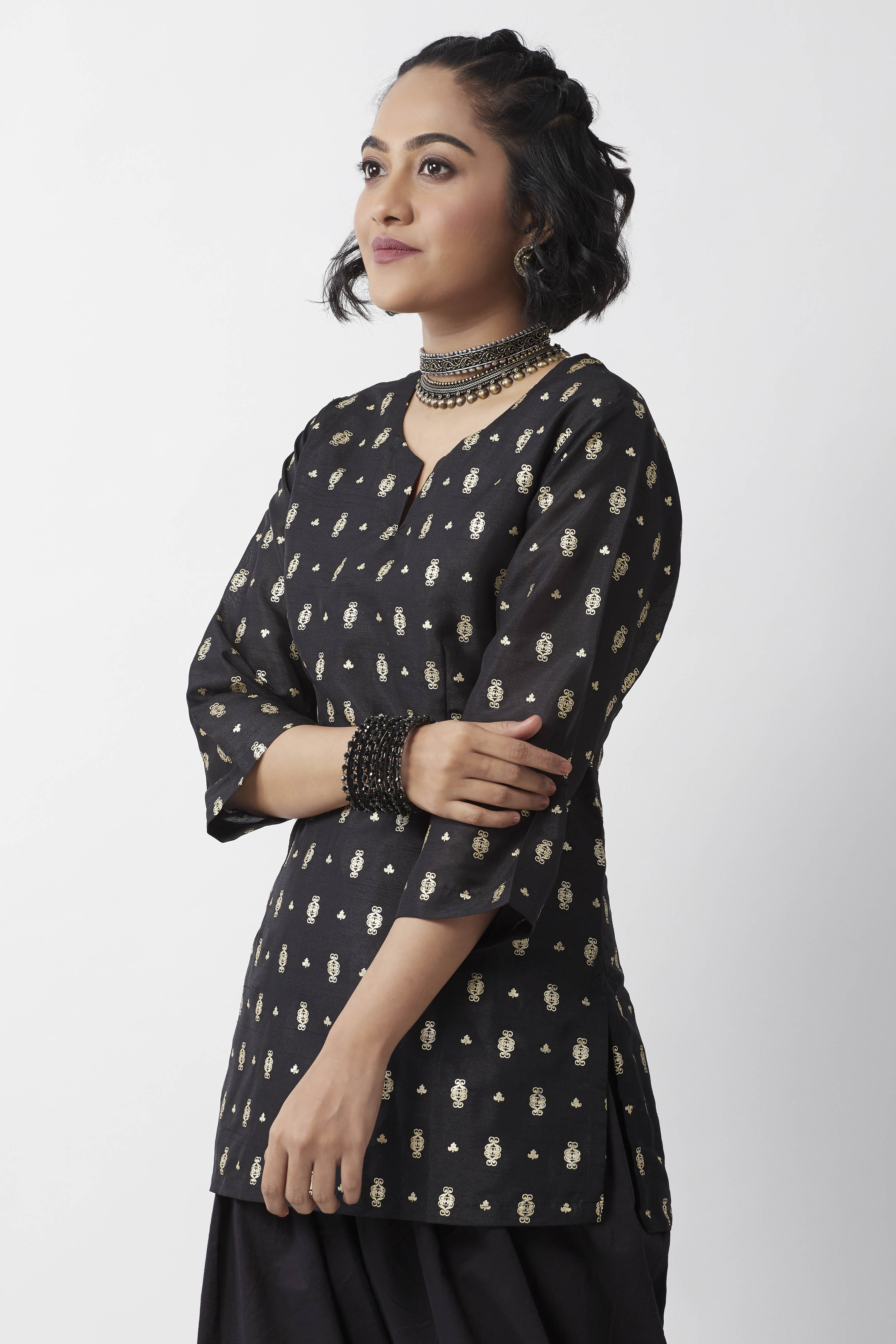 Black Cotton Gold Motif Printed Short Kurti image number 3