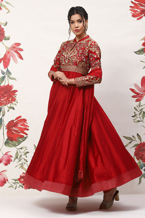 Rohit Bal Red Cotton Blend Anarkali Kurta Suit Set image number 5