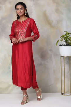 Red Viscose Straight Printed Kurta image number 2