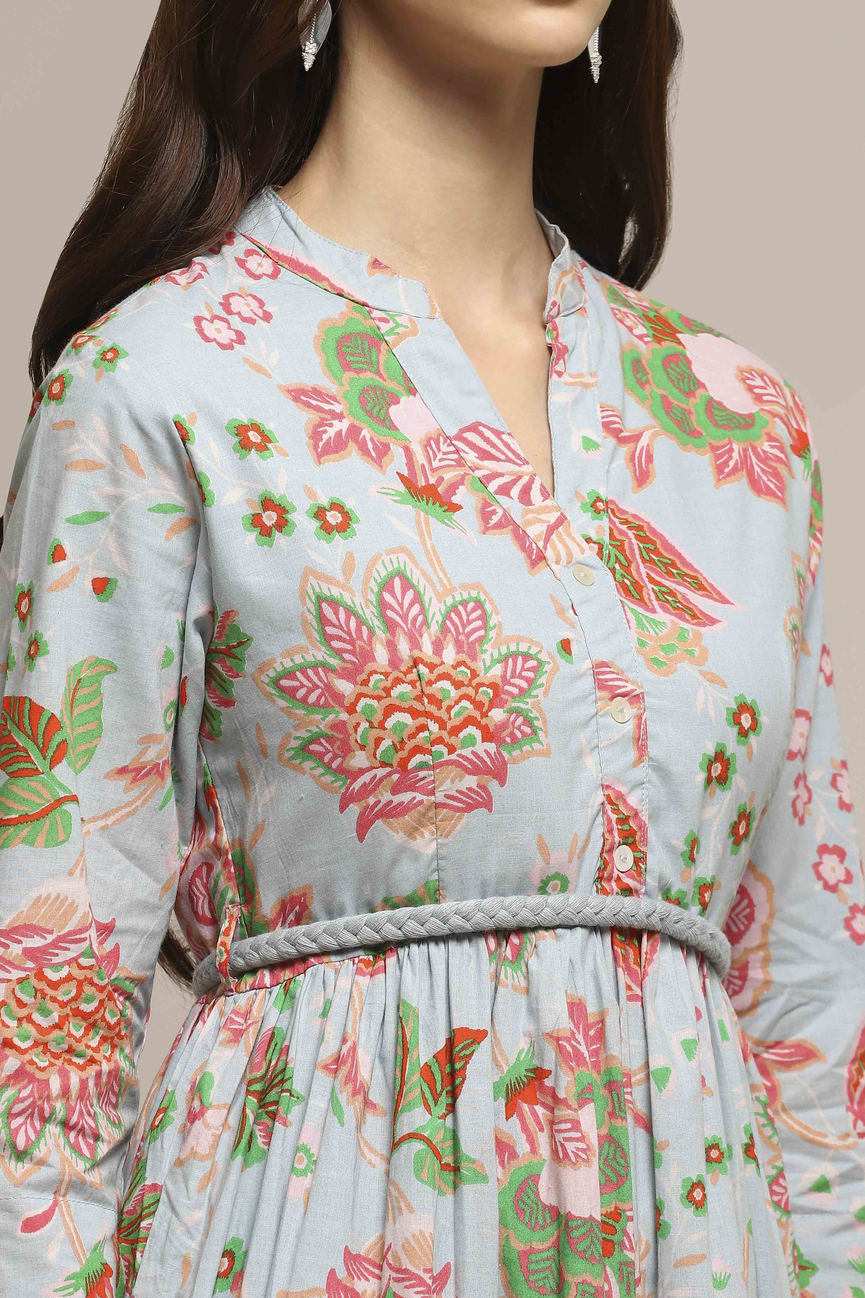 Earthy Blue Cotton Floral Tiered Dress image number 1