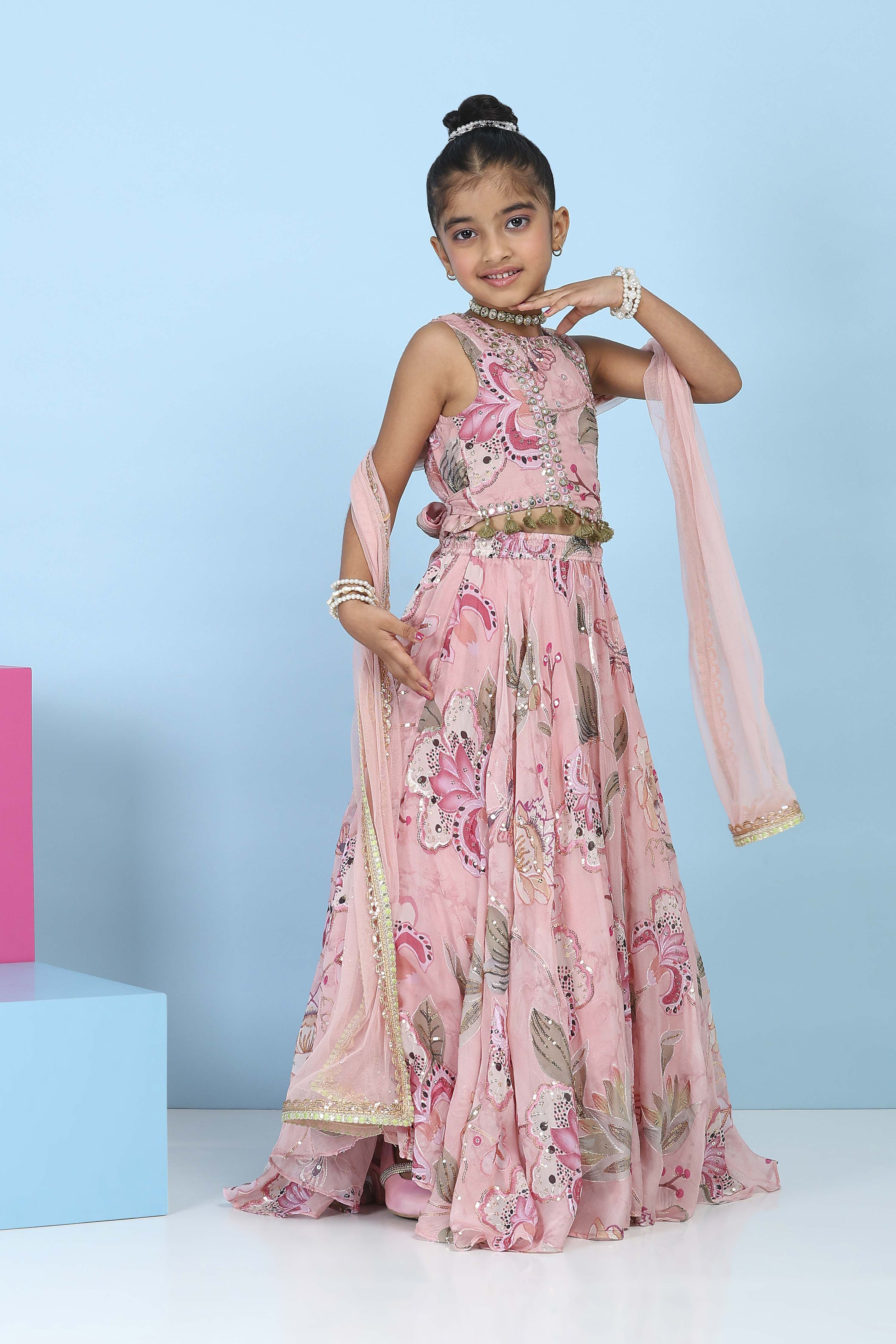 Pink Viscose Organza Floral Mirror Work Lehenga Set image number 5