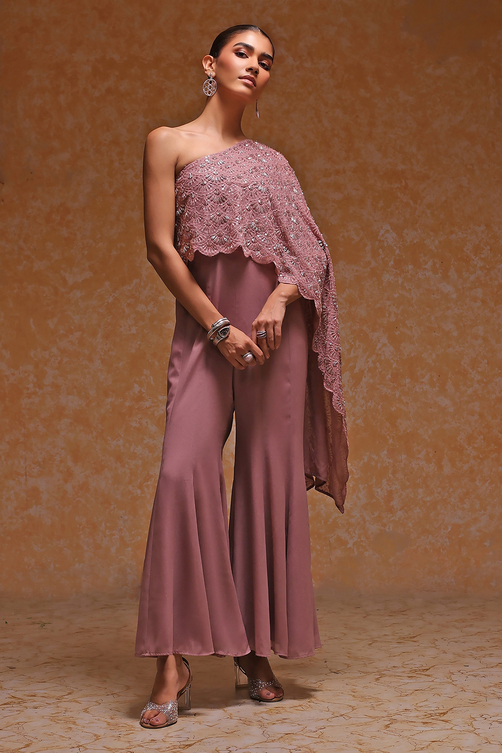 Rose Pink Georgette Heavy Beaded Embroidery Jumpsuit image number 1