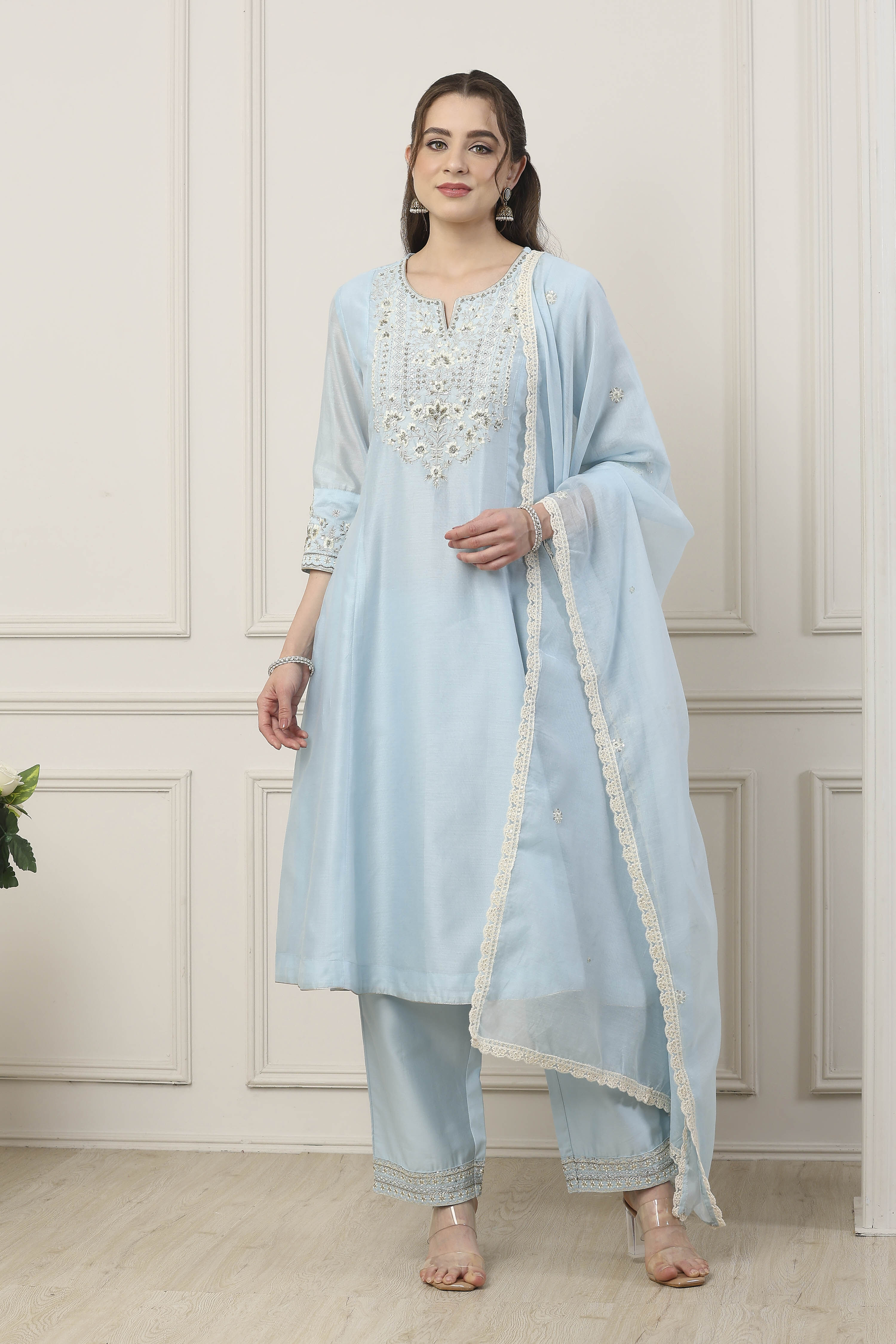 Blue Silk Chanderi Yoke Embroidered Kalidar Suit Set image number 6