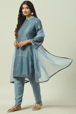 Sky Blue Printed Straight Kurta Salwar Suit Set image number 0