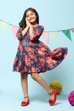 Blue Cotton All Over Print Dress image number 0