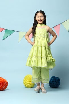 Lime Green Cotton Tiered Kurta Straight Palazzo Suit Set image number 0