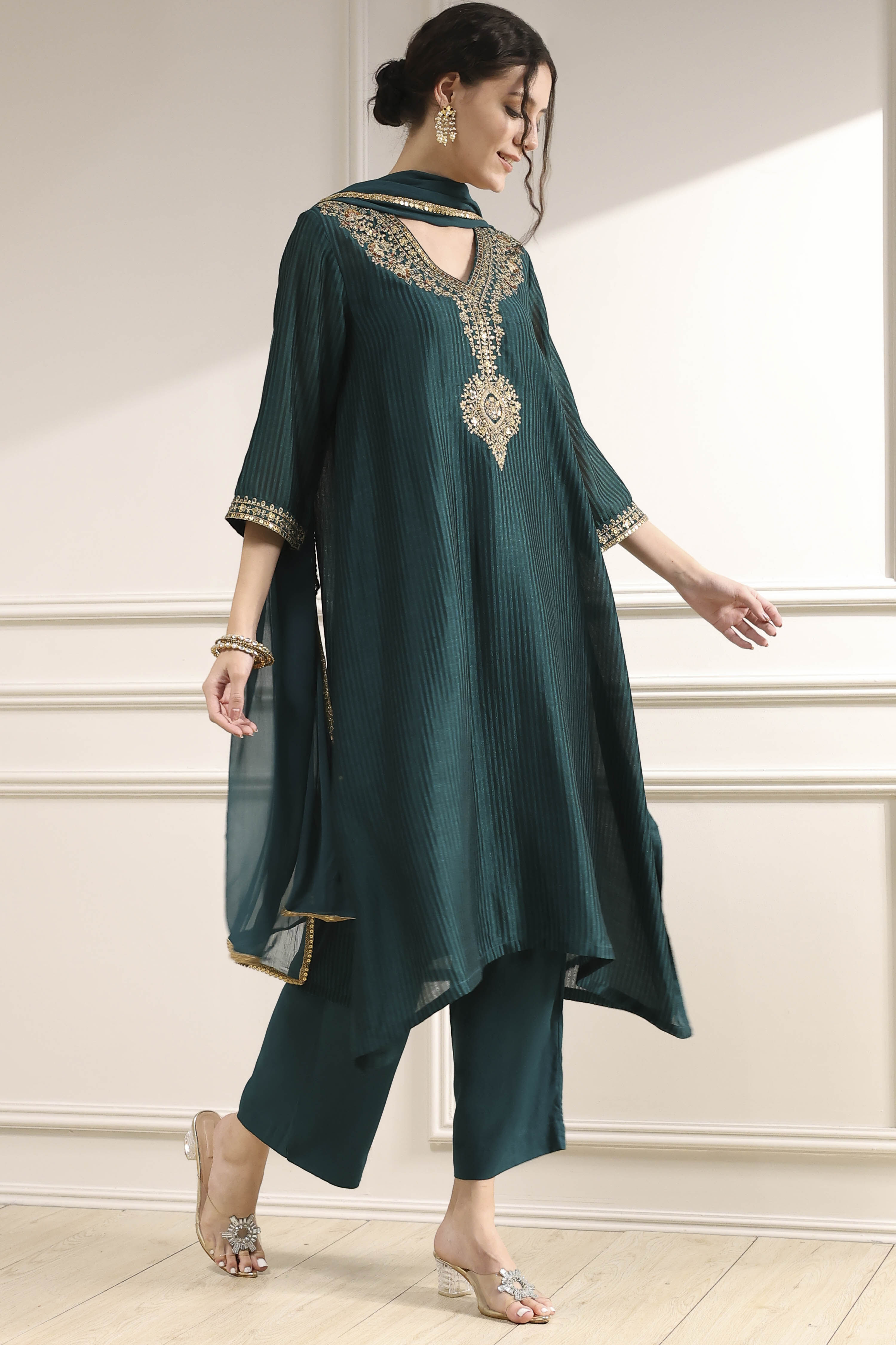 Green Striped Straight Suit Set image number 5