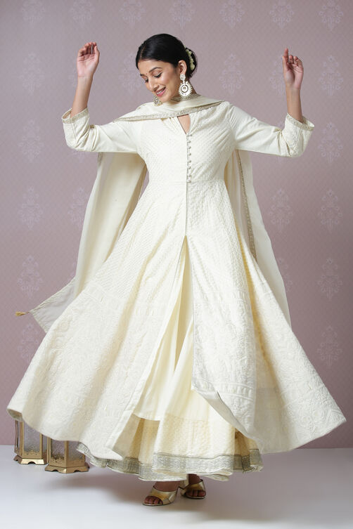 Off White Cotton Anarkali Kurta Skirt Suit Set image number 6