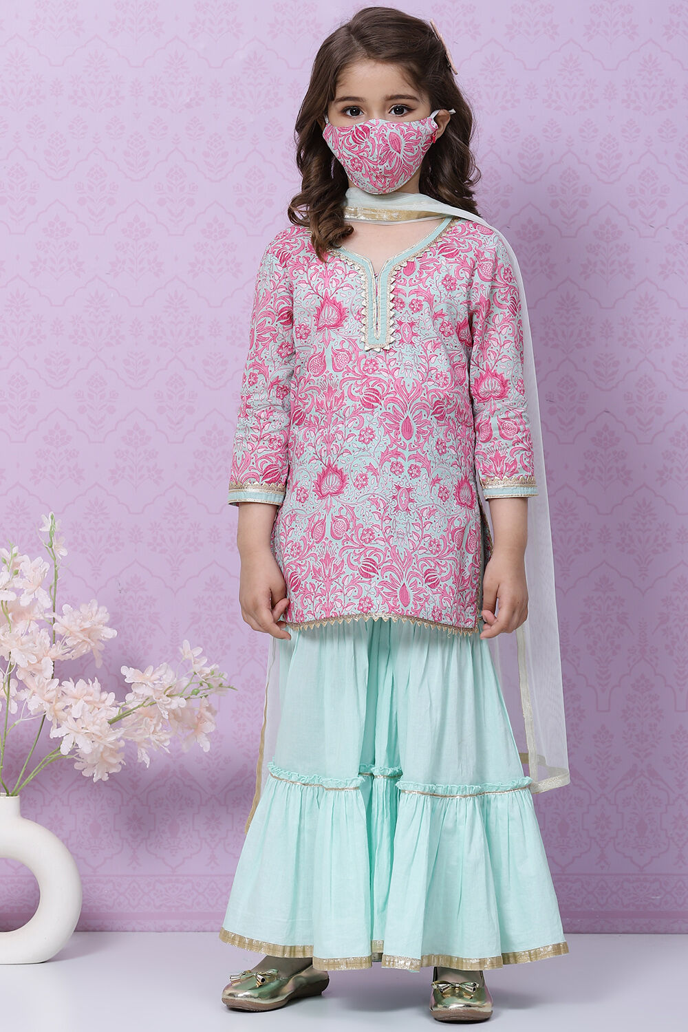 Powder Green Cotton Sharara Kurta Sharara Suit Set image number 7