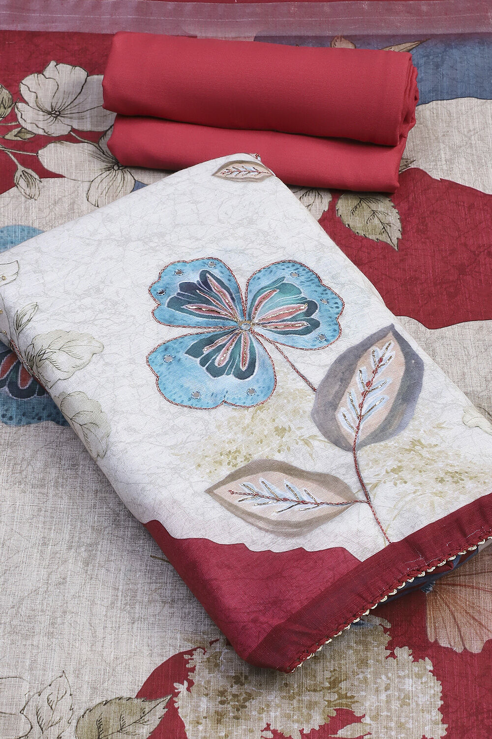 Light Green Linen Embroidered Unstitched Suit Set image number 3