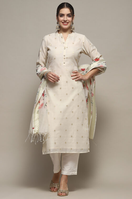 Off White Chanderi Unstitched Suit set image number 8