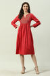 Red Rayon Flared Printed Kurta Dress