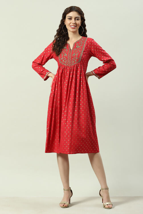 Red Rayon Flared Printed Kurta Dress image number 0