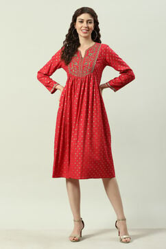 Red Rayon Flared Printed Kurta Dress image number 0