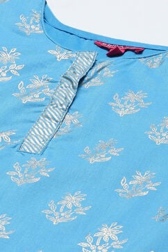 Blue Cotton Straight Printed Kurta Patiyala Salwar Suit Set image number 1
