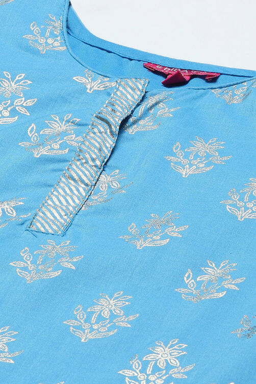 Blue Cotton Straight Printed Kurta Patiyala Salwar Suit Set image number 1