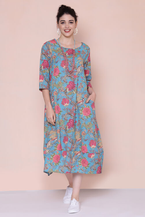 Blue Cotton Flax A-line Printed Kurta Dress image number 4