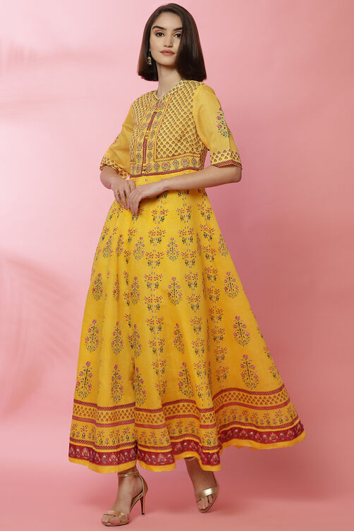 Yellow Art Silk Anarkali Printed Kurta Dress image number 3