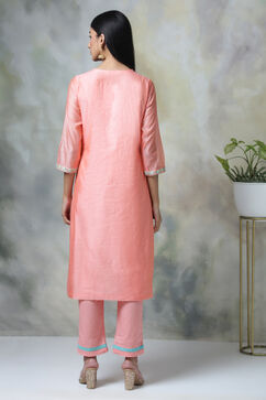 Peach Art Silk A-Line Kurta Regular Pant Suit Set image number 7