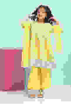 Yellow Cotton Printed A-Line Suit Set image number 6