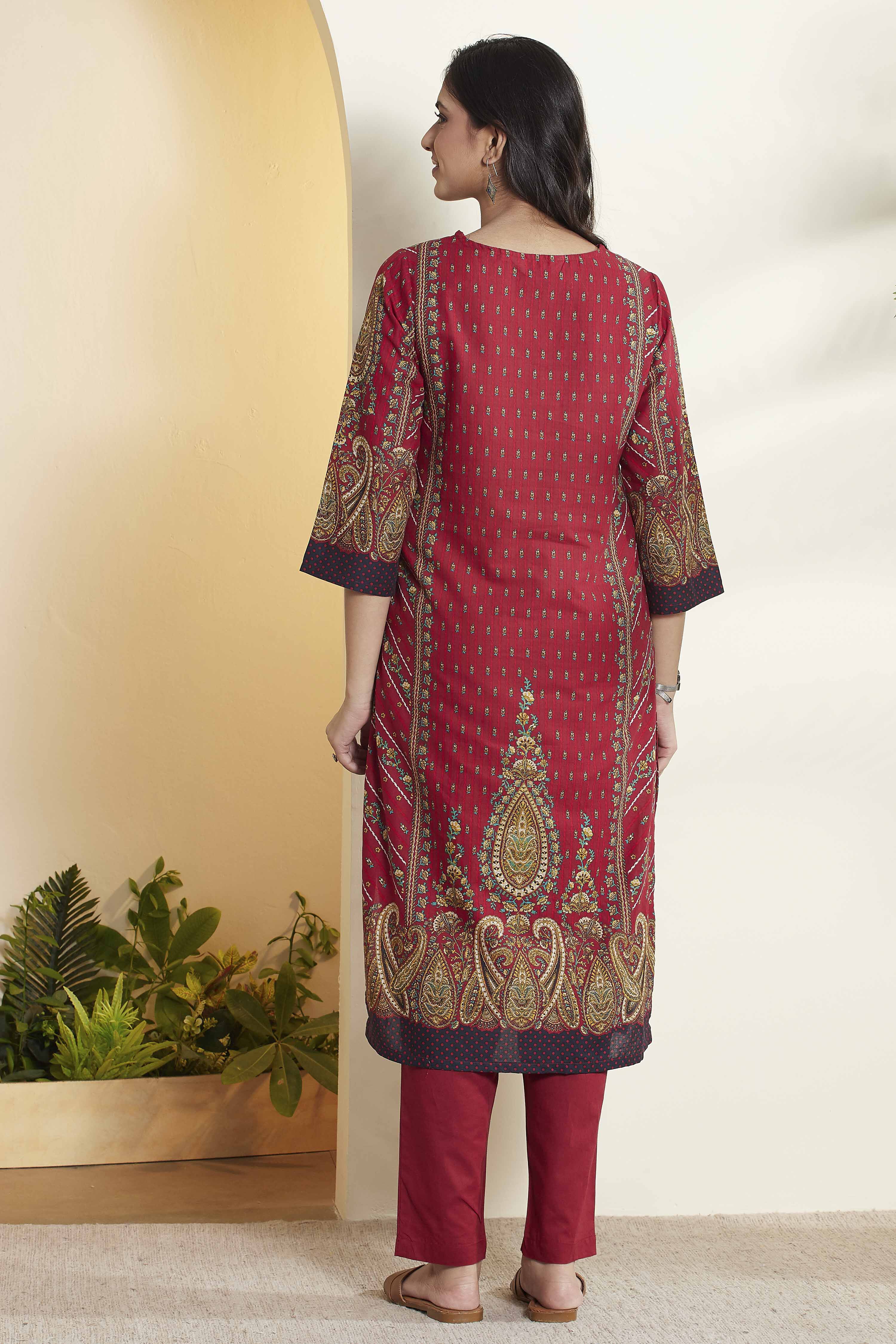 Red Cotton Straight Suit Set image number 6