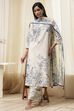 Off-White and Blue Cotton Straight Suit Set