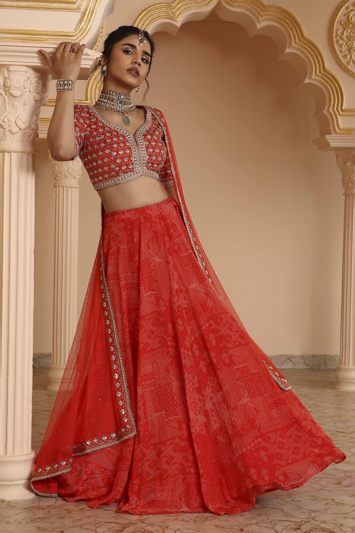 Red Chanderi Digital Printed Lehenga Set