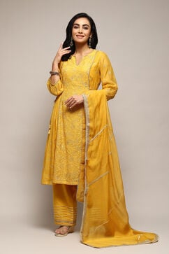 Yellow Cotton Silk Gathered Kurta Palazzo Suit Set image number 0