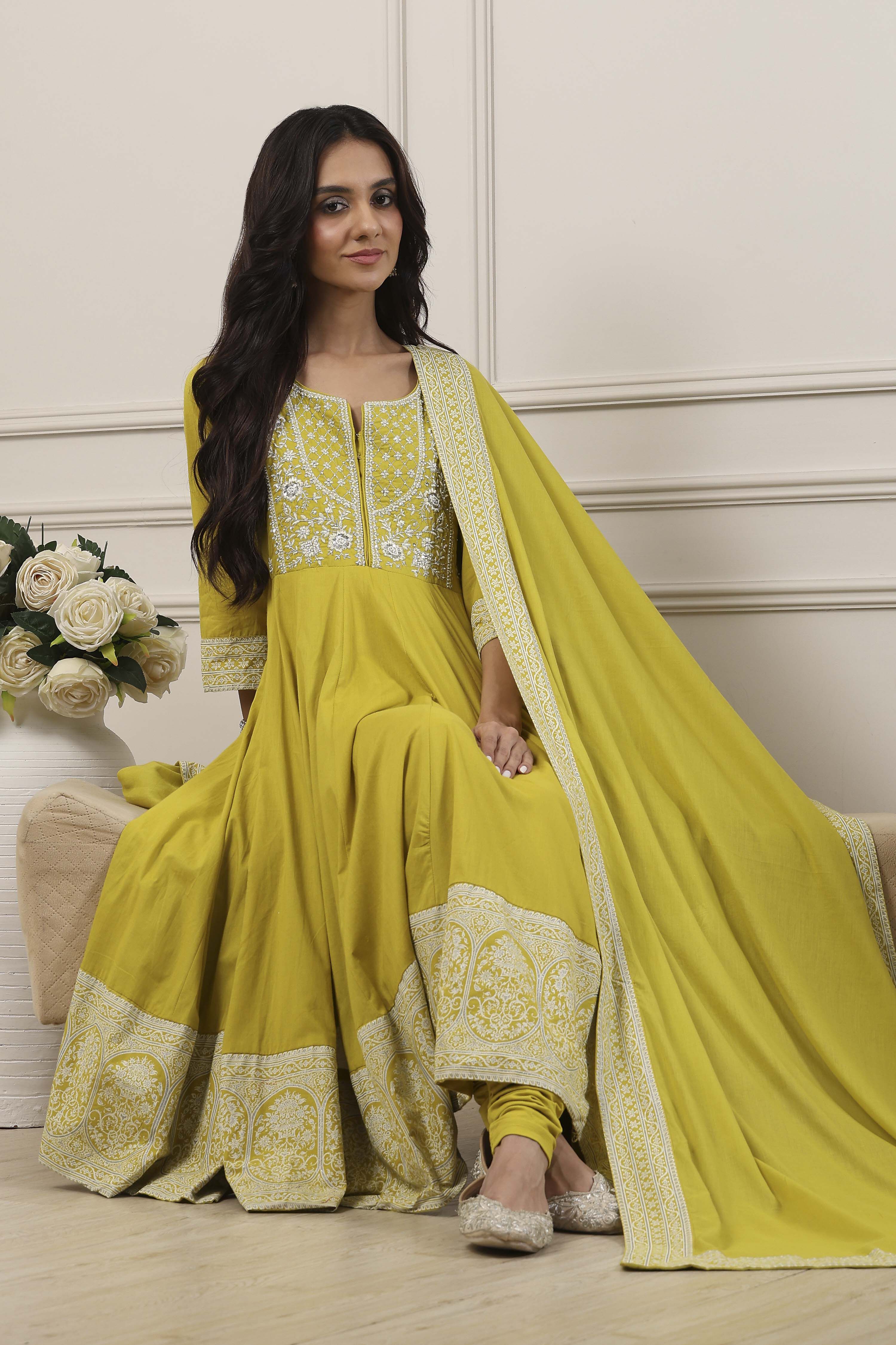 Green Cotton Kalidar Suit Set image number 0