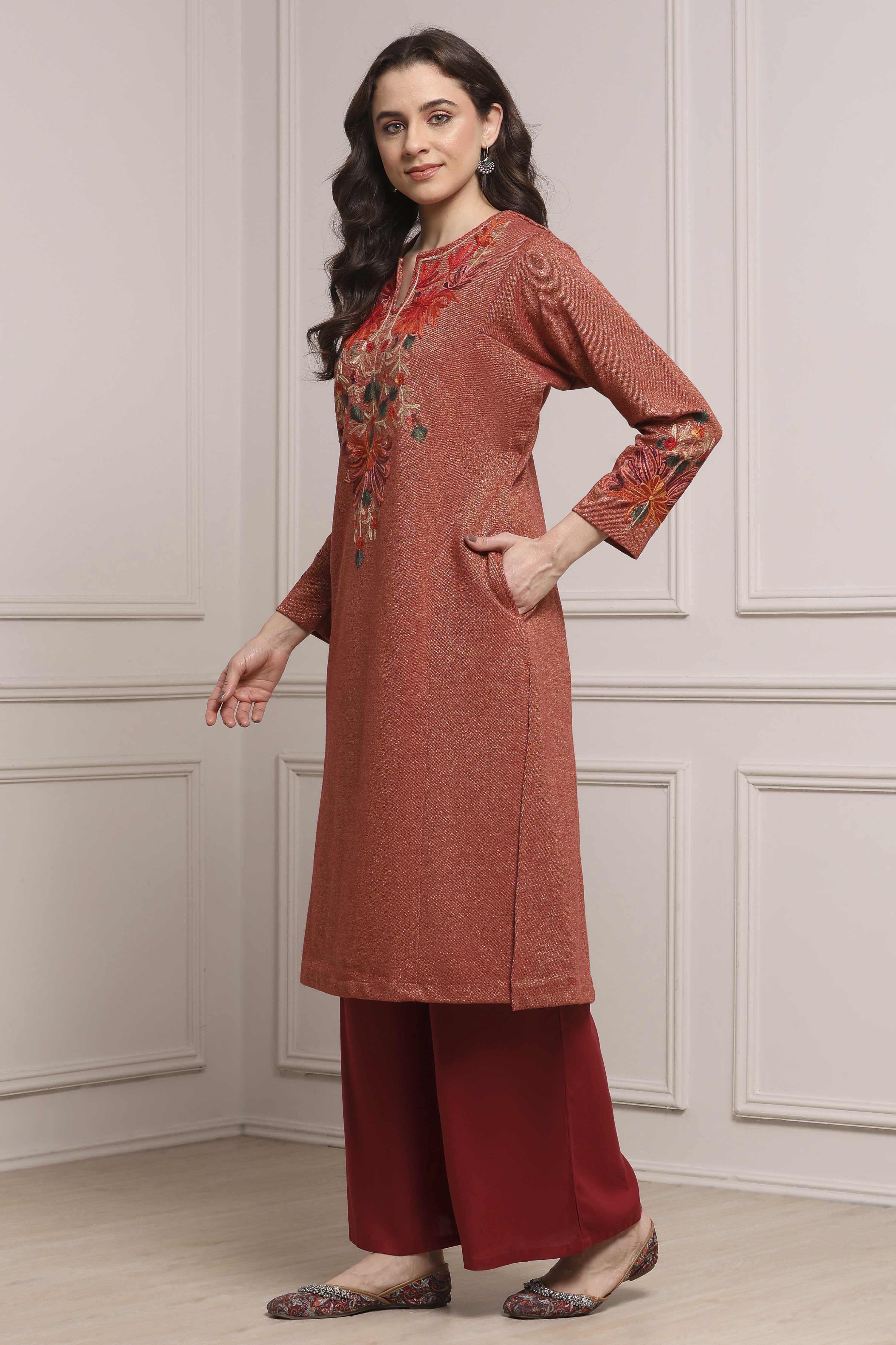 Rust Polyester Yarndyed Straight Kurta image number 2