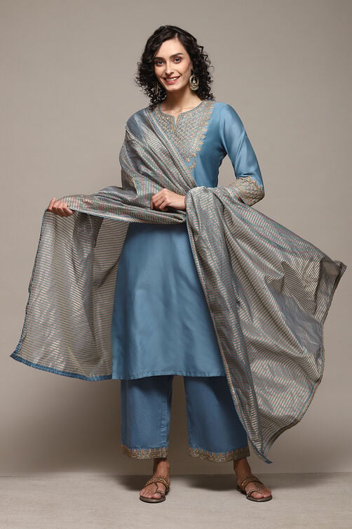 Earthy Blue Cotton Silk Straight Kurta Palazzo Suit Set image number 0