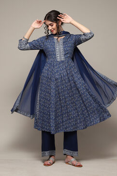 Blue LIVA Gathered Kurta Palazzo Suit Set image number 0