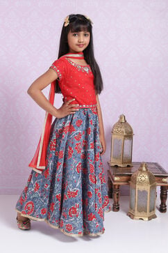 Red And Blue Poly Cotton Lehenga Set image number 6