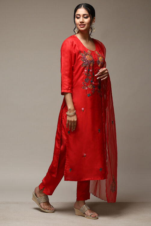Red Silk Blend Hand Embroidered Unstitched Suit Set image number 7