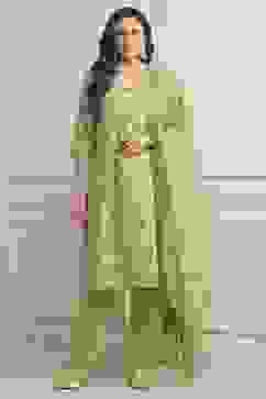 Green Cotton Blend Floral Straight Suit Set image number 6