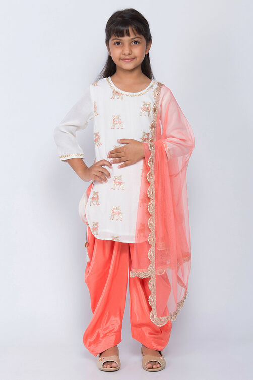 Ivory And Coral Straight Kurta Dhoti Salwar Suit Set image number 0
