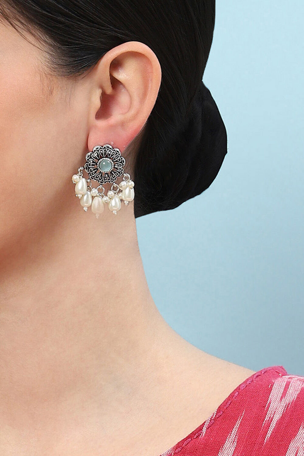 Oxidised Pearl Brass Earrings image number 3