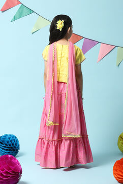 Yellow & Pink Cotton Blend Short Top Lehenga Set image number 4