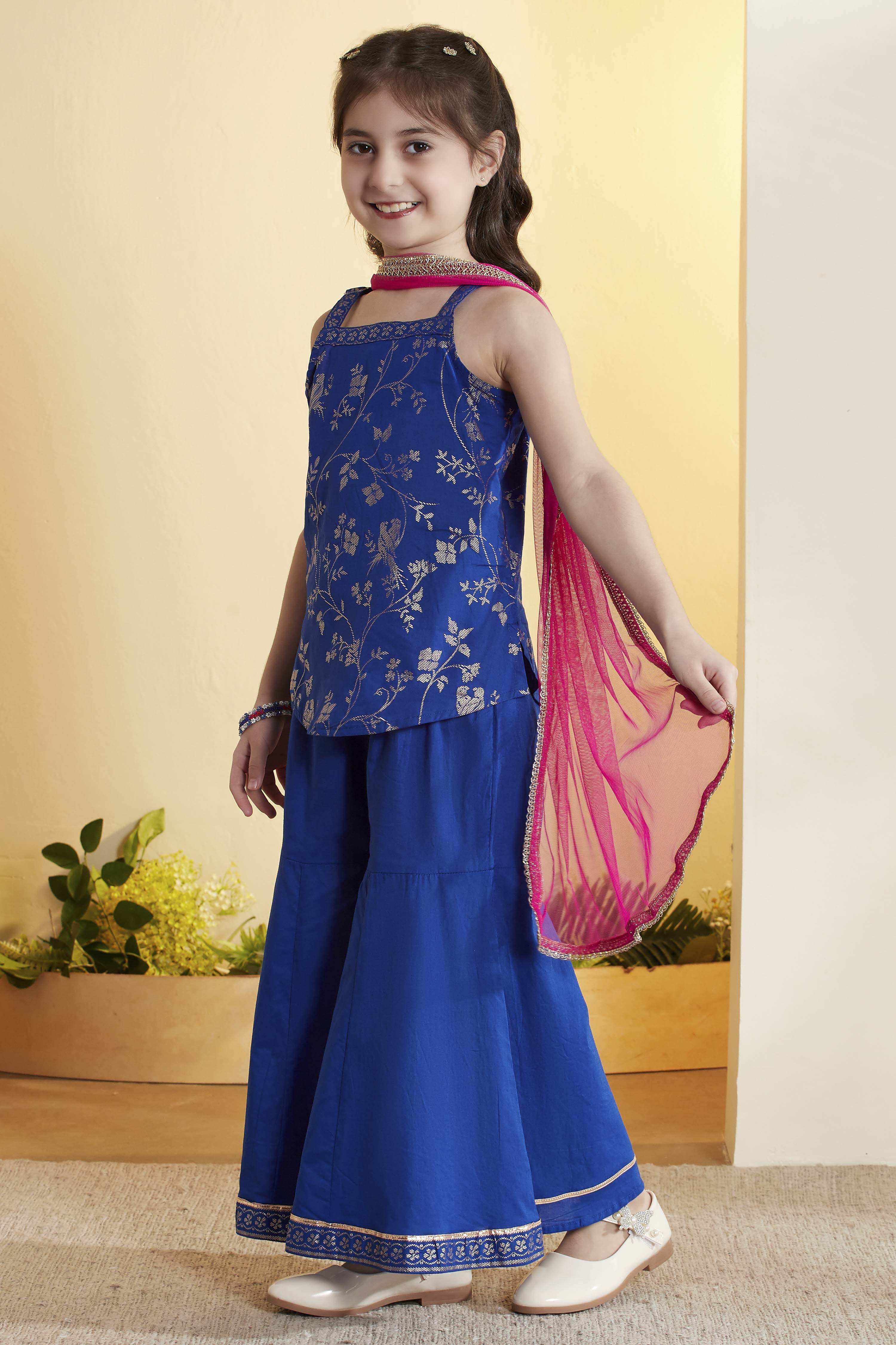 Blue Cotton Printed Straight Sharara Set image number 3