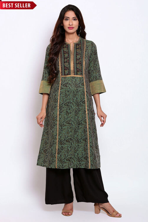 Teal Green A-Line Kalamkari Printed Kurta image number 0