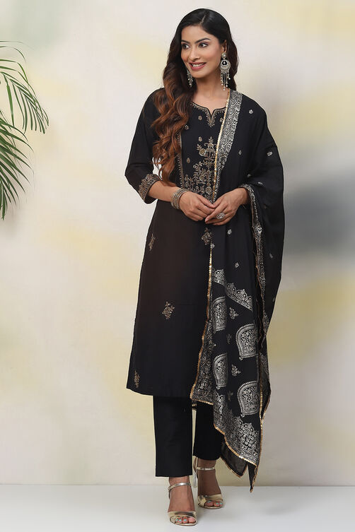 Black Poly Viscose A-Line Kurta Slim Pant Suit Set image number 4