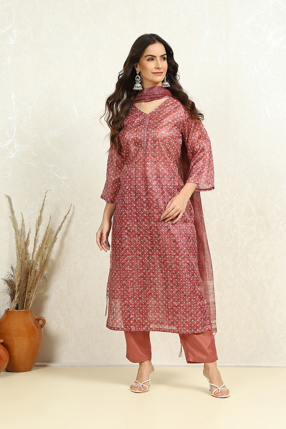 Maroon Cotton Printed Unstitched Suit Set image number 1