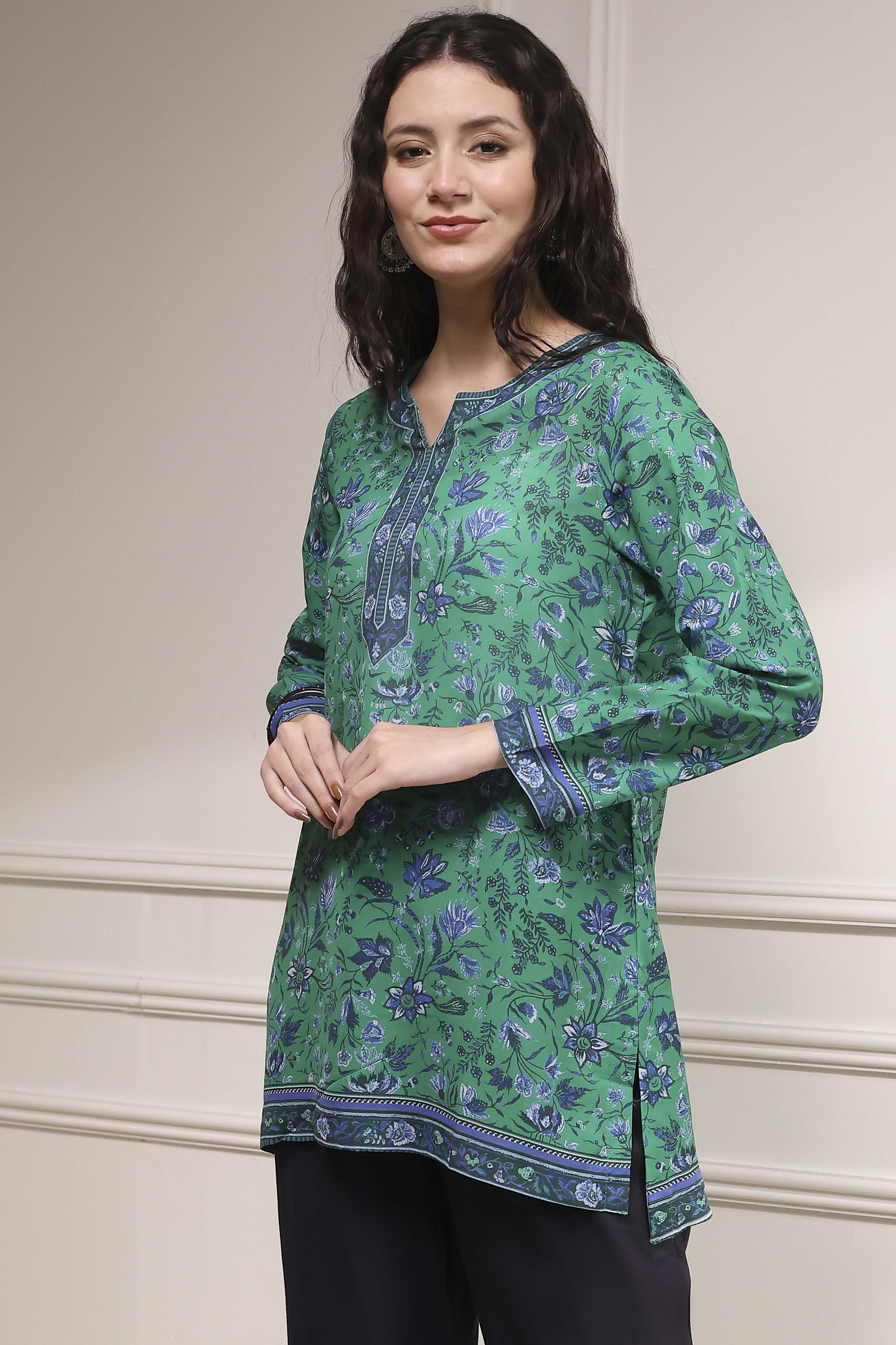 Turquoise Polyester Straight Printed Short Kurta image number 2
