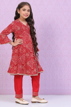 Red Rayon Front Open Kurta Regular Pant Suit Set image number 5