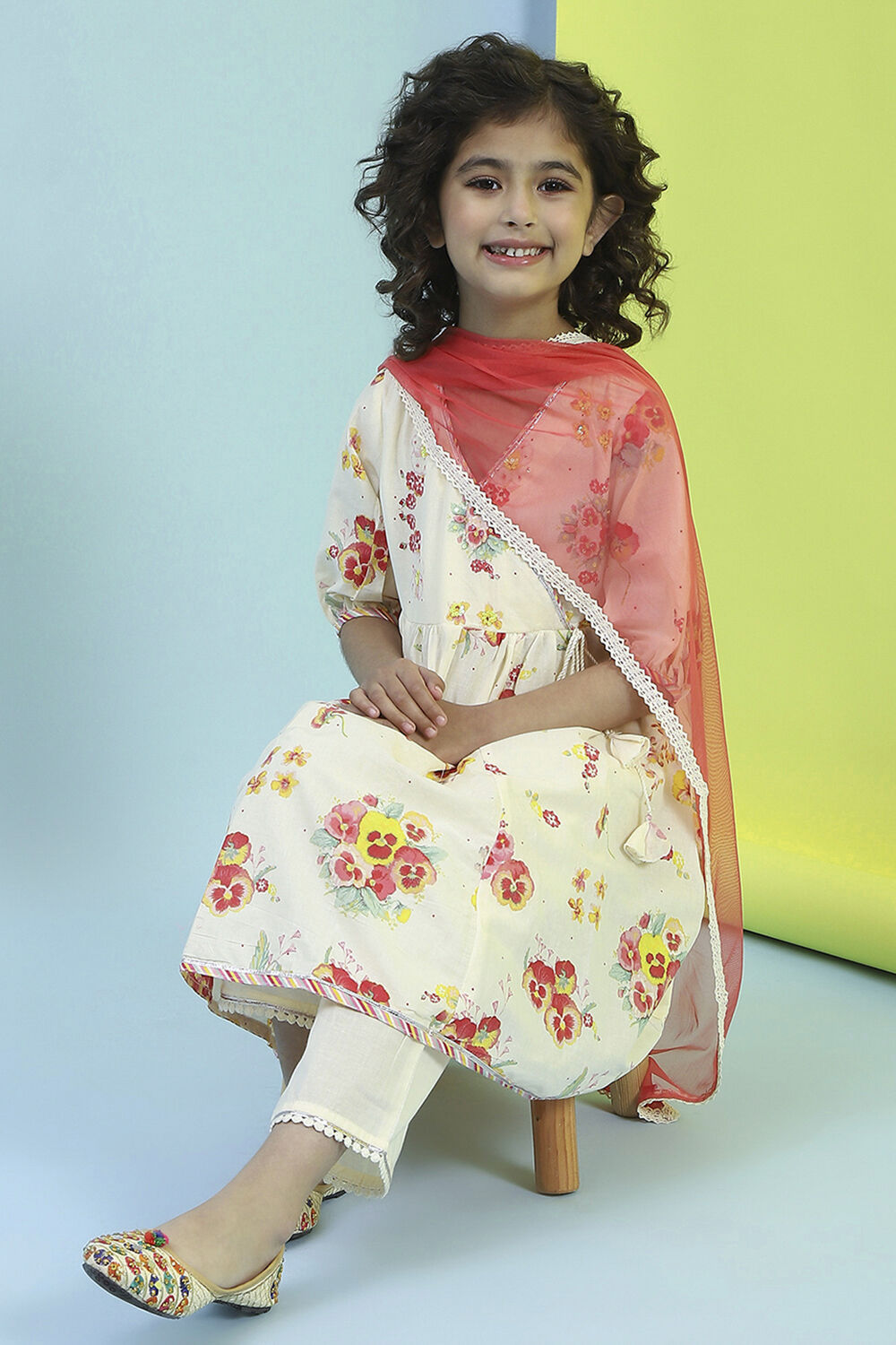 Cream-Colored Cotton Gathered Angrakha Suit Set image number 0