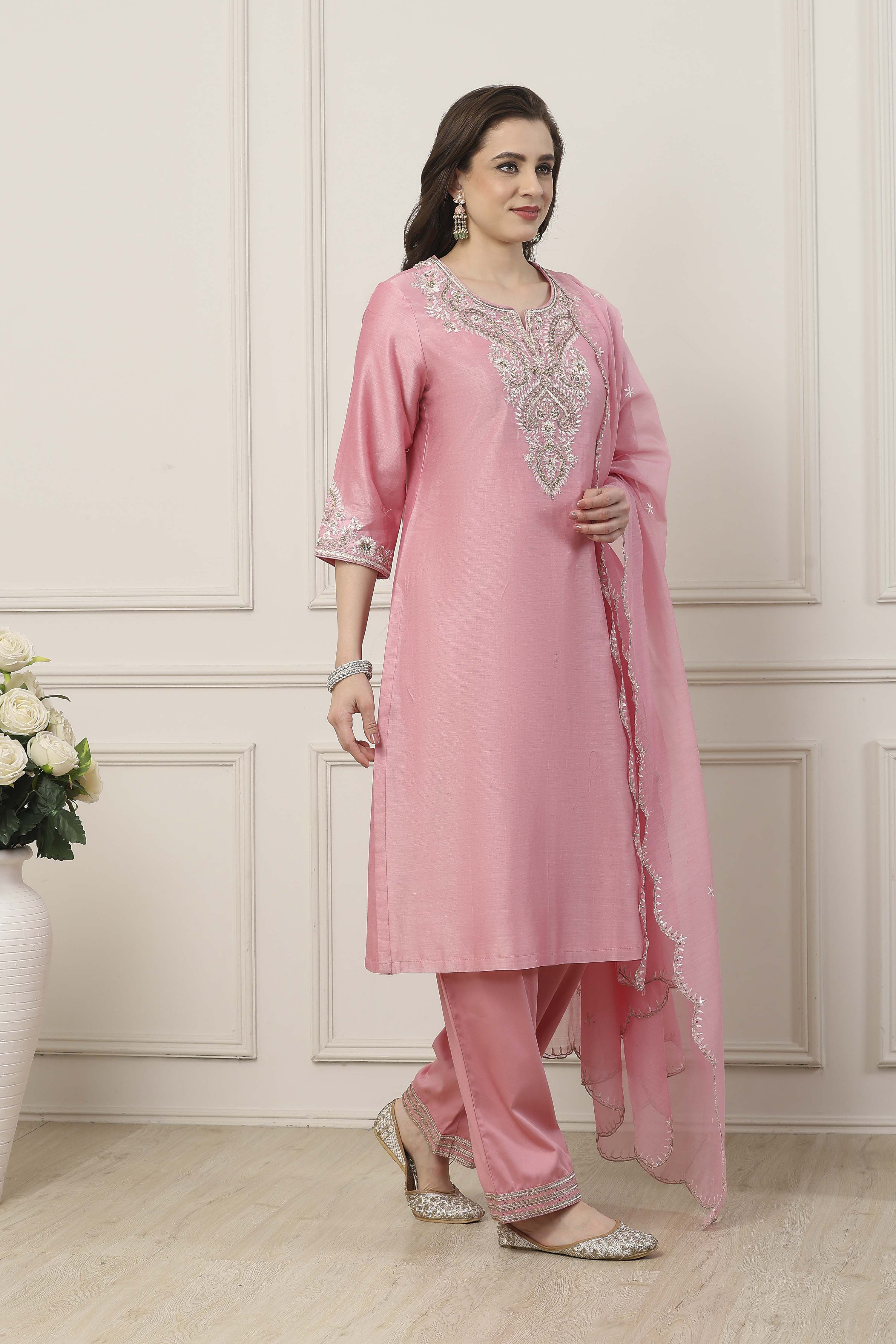 White Silk Chanderi Straight Suit Set image number 5