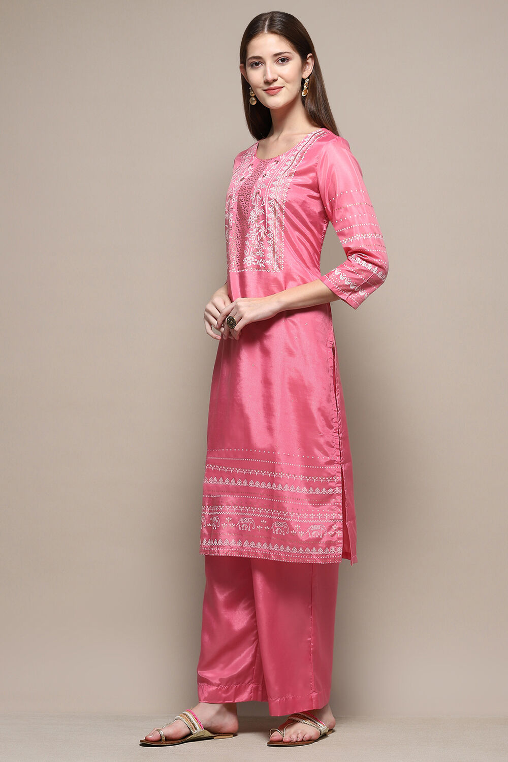 Pink Cotton Blend Straight Kurta Palazzo Suit Set image number 3